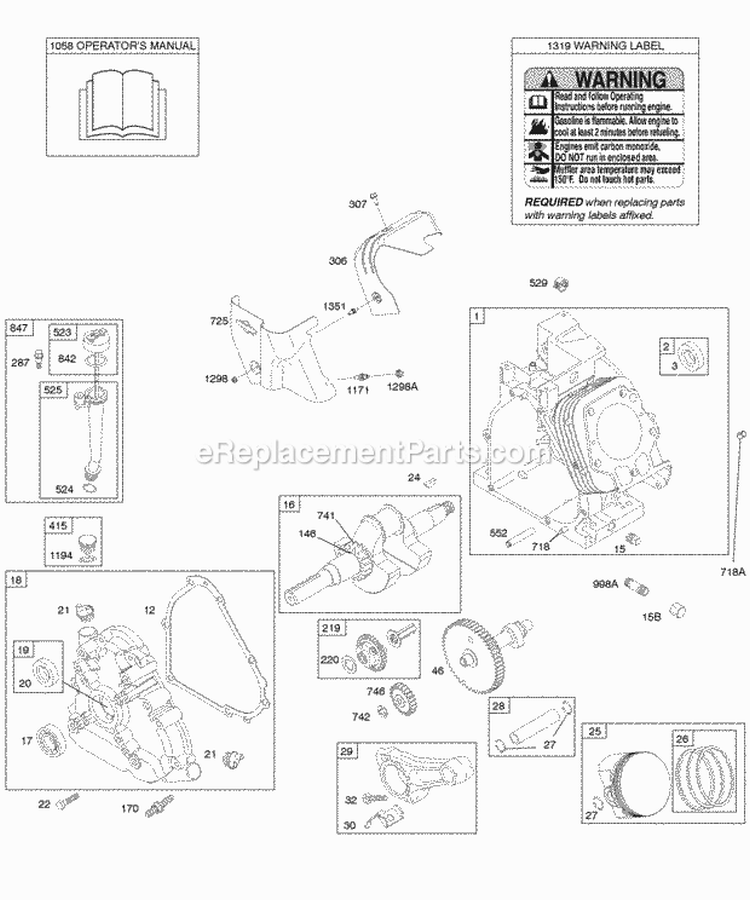 Camshaft Crankcase Cover Crankshaft Cylinder Lubrication OperatorS Manual PistonRingsConnecting Rod Warning Label Diagram and Parts List for 21A414-0017-E1  Briggs and Stratton Engine